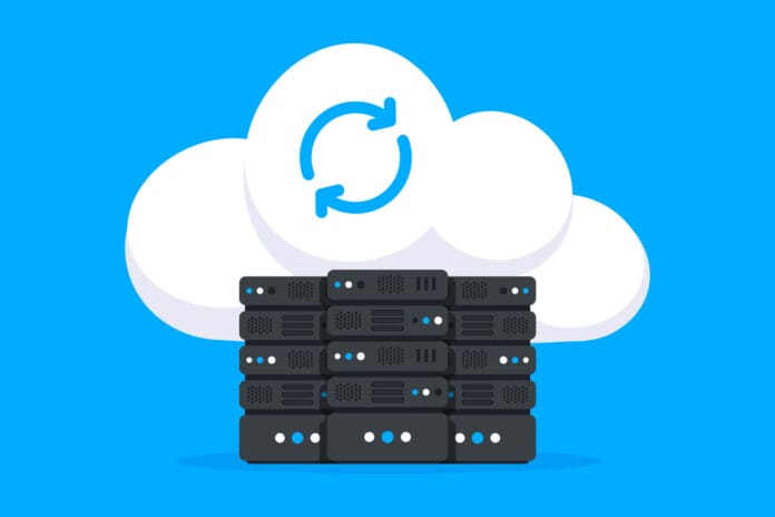 Data Hosting Servers connected to Cloud. Cloud Data storage. Data storage network technology. Online cloud computing. Server cabinets. Memory and information transfer. Security and protection